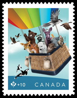 Animals Flying in a Hot Air Balloon - Canada Post Community Foundation - 2024 Canada Postage Stamp