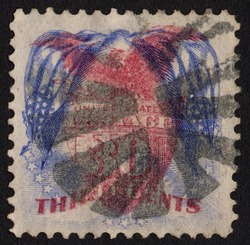 Shield Eagle and Flags - Blue and Carmine - G Grill - Invert Error United States Postage Stamp
