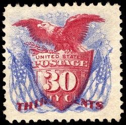 Shield Eagle and Flags - Ultramarine and Carmine - No Grill United States Postage Stamp