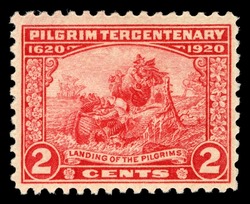 Landing of the Pilgrims - Carmine Rose United States Postage Stamp | Pilgrim Tercentenary
