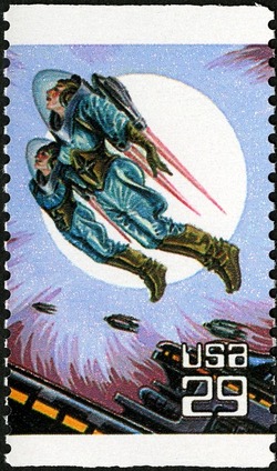 Flying Astronauts United States Postage Stamp | Space Fantasy