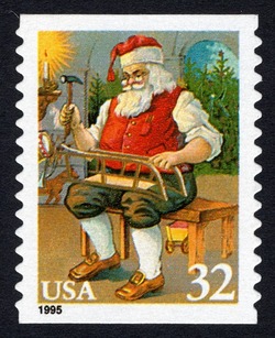 Santa Crafting a Sled - Horizontal Imperforate United States Postage Stamp | Christmas 1995