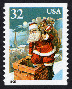 Santa Going Down Chimney - Horizontal Imperforate United States Postage Stamp | Christmas 1995