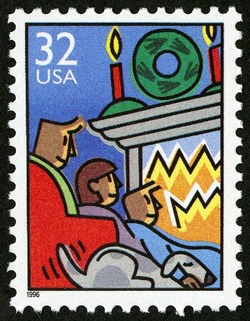 Sitting by Fireplace United States Postage Stamp | Family - Christmas