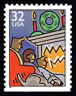 Sitting by Fireplace - Booklet Single United States Postage Stamp | Family - Christmas