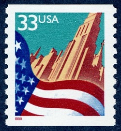 Flag And City - Red Date - Horizontal Imperforate United States Postage Stamp