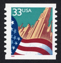 Flag And City - Red Date - Horizontal Imperforate - Self-adhesive - Square Corners United States Postage Stamp