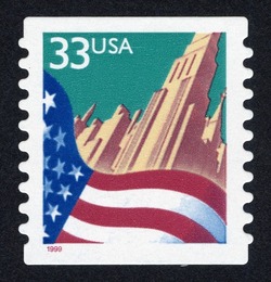 Flag And City - Red Date - Horizontal Imperforate - Self-adhesive - Rounded Corners United States Postage Stamp