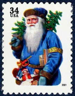 Blue Santa Carrying Tree United States Postage Stamp | Santa Claus - Christmas 2001