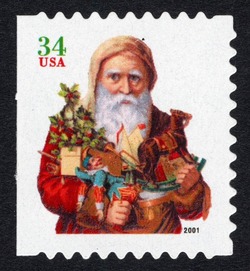 Red Santa Carrying Toys - Green Denomination United States Postage Stamp | Santa Claus - Christmas 2001