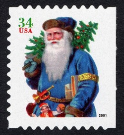 Blue Santa Carrying Tree - Green Denomination United States Postage Stamp | Santa Claus - Christmas 2001