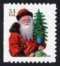 Red Santa Carrying Tree - Green Denomination United States Postage Stamp | Santa Claus - Christmas 2001