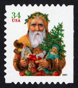 Yellow Santa Carrying Toys - Green Denomination United States Postage Stamp | Santa Claus - Christmas 2001