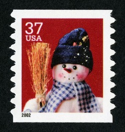 Snowman With Blue Plaid Scarf - Horizontal Imperforate United States Postage Stamp | Snowmen
