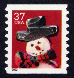 Snowman With Red and Green Plaid Scarf - Horizontal Imperforate United States Postage Stamp | Snowmen