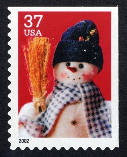 Snowman With Blue Plaid Scarf - Large Booklet Single United States Postage Stamp | Snowmen