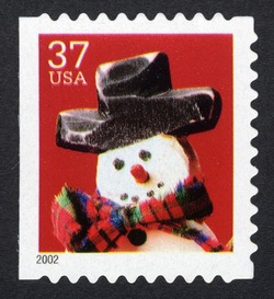 Snowman With Red and Green Plaid Scarf - Small Booklet Single United States Postage Stamp | Snowmen