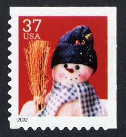 Snowman With Blue Plaid Scarf - Small Booklet Single United States Postage Stamp | Snowmen