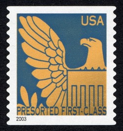 Gold Eagle on Light Blue Background - 2003 Date - Presorted First-Class United States Postage Stamp | Eagles