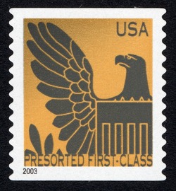 Gray Eagle on Gold Background - 2003 Date - Presorted First-Class United States Postage Stamp | Eagles