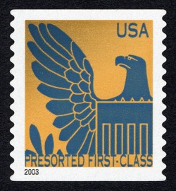 Blue Eagle on Gold Background - 2003 Date - Presorted First-Class United States Postage Stamp | Eagles