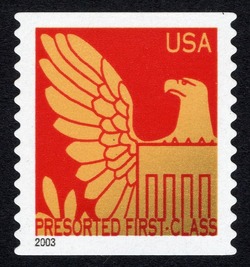 Gold Eagle on Red Background - 2003 Date - Presorted First-Class United States Postage Stamp | Eagles