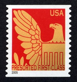 Gold Eagle on Red Background - 2005 Date - Presorted First-Class United States Postage Stamp | Eagles