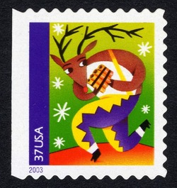 Reindeer With Pan Pipes - Booklet Single United States Postage Stamp | Christmas Instruments