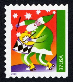 Sanata Claus With Drum - Booklet Single United States Postage Stamp | Christmas Instruments