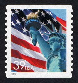 Flag and Statue of Liberty - Horizontal Imperforate - Self-adhesive - Rounded Corners United States Postage Stamp