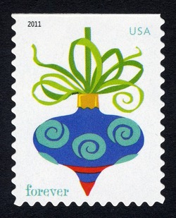 Blue Spiral Ornament - USPS Microprint on Looped Ribbon United States Postage Stamp | Holiday Baubles