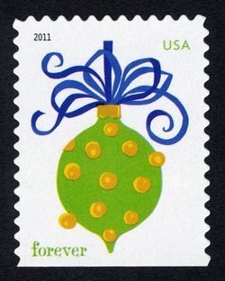 Green and Yellow Ornament - USPS Microprint on Ribbon United States Postage Stamp | Holiday Baubles