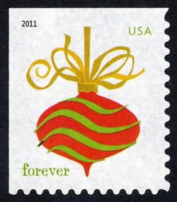 Red and Green Ornament - USPS Microprint on Green Stripe - Perf 11.25 X 11 United States Postage Stamp | Holiday Baubles