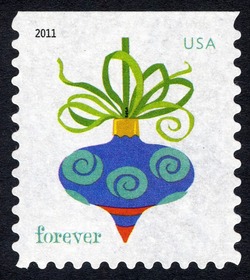 Blue Spiral Ornament - USPS Microprint on Straight Ribbon United States Postage Stamp | Holiday Baubles