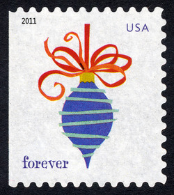 Blue Lined Ornament - USPS Microprint on Ribbon United States Postage Stamp | Holiday Baubles