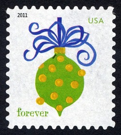 Green and Yellow Ornament - USPS Microprint on Bauble United States Postage Stamp | Holiday Baubles