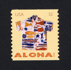 White Fossil Fish, Shells, and Sea Stars Aloha Shirt - Horizontal Imperforate United States Postage Stamp | Aloha Shirts