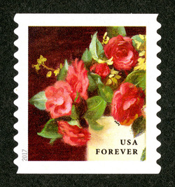 Red Camellias and Yellow Forsythia - Horizontal Imperforate United States Postage Stamp | Flowers From the Garden
