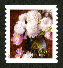 White Peonies and Pink Tree Peonies - Horizontal Imperforate United States Postage Stamp | Flowers From the Garden