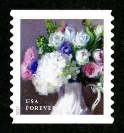 White Hydrangeas, White and Pink Roses, Green Hypericum Berries, and Purple Lisianthus - Horizontal Imperforate United States Postage Stamp | Flowers From the Garden