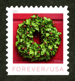Woodland Bush Ivy and Red Winterberry Wreath United States Postage Stamp | Holiday Wreaths