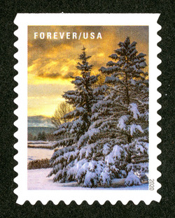 Snowy Trees and Golden Morning Sky United States Postage Stamp | Winter Scenes