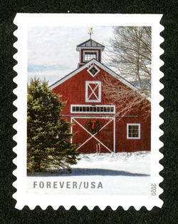 Red Barn With Wreath United States Postage Stamp | Winter Scenes
