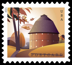 Round Barn on Fall Day - Postcard United States Postage Stamp | Barns