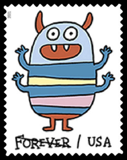 Silly Striped Imp Waving a Four-armed Howdy United States Postage Stamp | Message Monsters