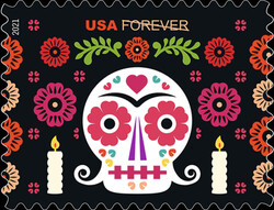 Woman's Skull With Curled Hair United States Postage Stamp | Day of the Dead