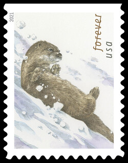 Sliding Otter - Facing Right United States Postage Stamp | Otters in Snow
