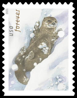 Sliding Otter - Facing Left United States Postage Stamp | Otters in Snow