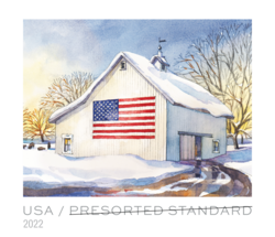 White Dairy Barn - Midwestern United States - Winter - Presorted Standard United States Postage Stamp | Flags on Barns