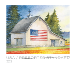 White Gambrel-roofed Barn - Pacific Northwest - Spring - Presorted Standard United States Postage Stamp | Flags on Barns